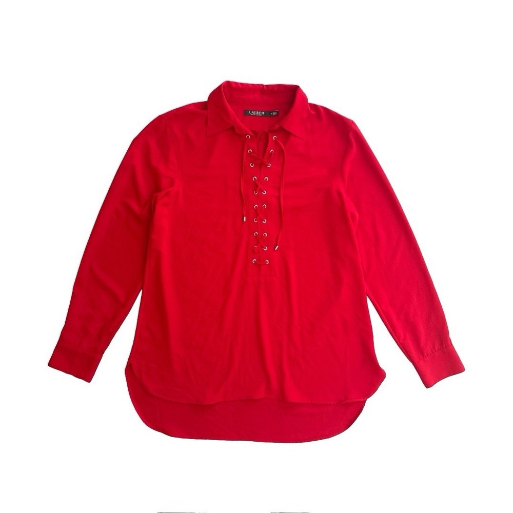 Lauren Ralph Lauren Red Lace-Up Blouse Size M Long Sleeve Collar Tunic‎ Top